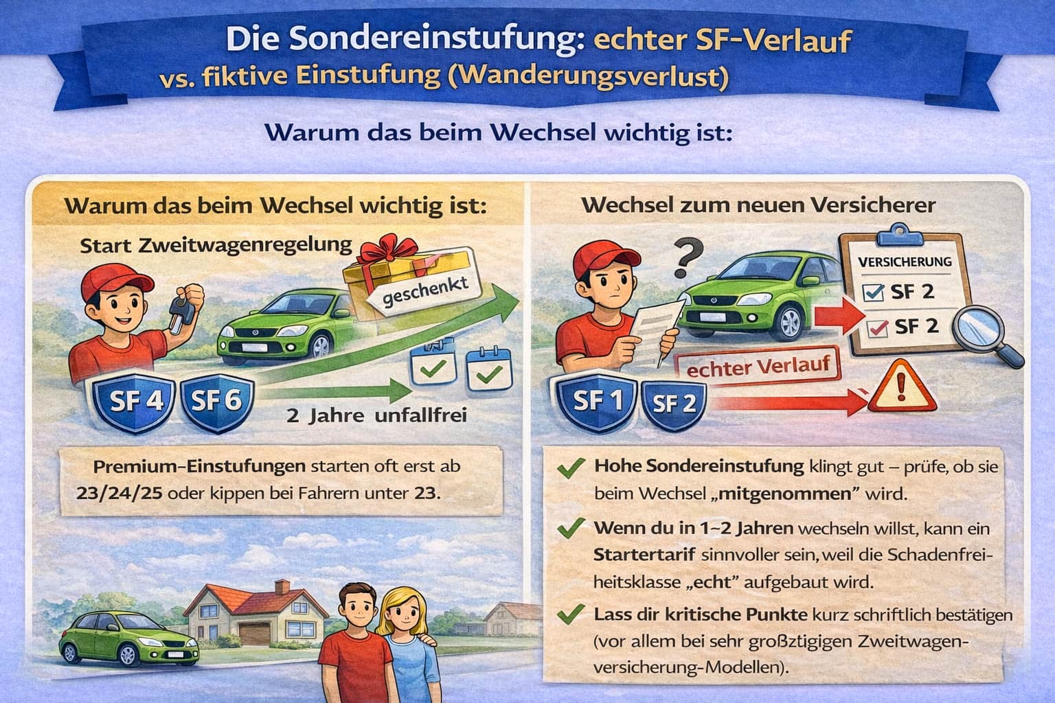 Infografik zur Sondereinstufung in der Autoversicherung: Visualisierung des Unterschieds zwischen echtem Schadenfreiheitsverlauf und fiktiver Zweitwagen-Einstufung sowie möglichem Wanderungsverlust beim Versicherungswechsel.
