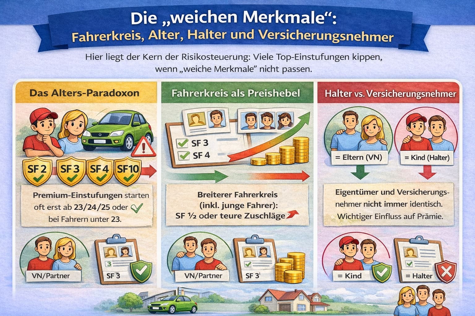 Zweitwagenregelung für Fahranfänger: Infografik zeigt, wie Fahrerkreis, Alter, Halter und Versicherungsnehmer die SF-Klasse und den Versicherungsbeitrag beeinflussen.