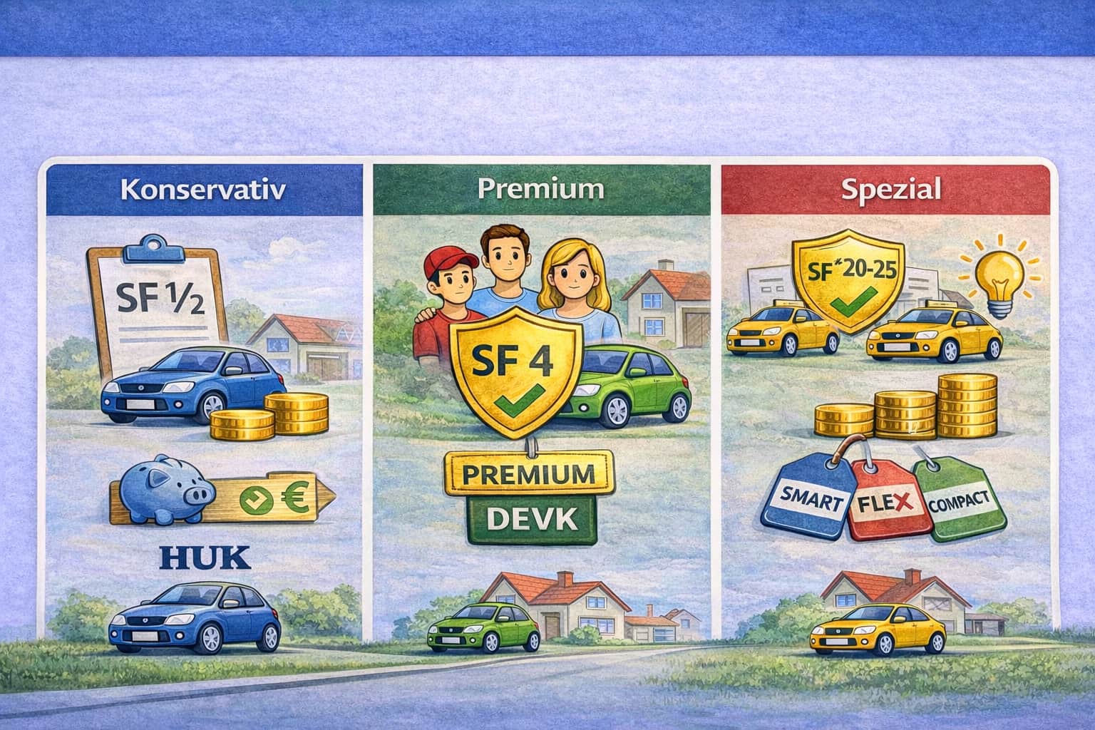 Infografik zu Anbieter-Modellen in der Autoversicherung: Vergleich der Strategien konservativ, premium und spezial anhand von Schadenfreiheitsklassen und Tariflogiken.