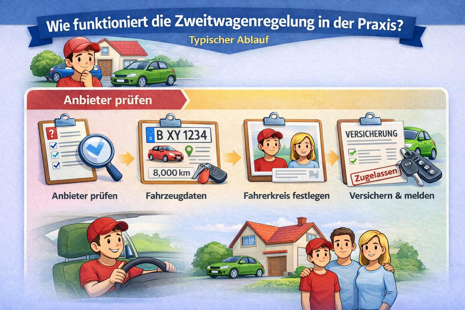 Zweitwagenregelung für Fahranfänger in der Autoversicherung: Infografik zeigt den typischen Ablauf von Anbieter prüfen über Fahrzeugdaten und Fahrerkreis bis zur Versicherung und Zulassung.