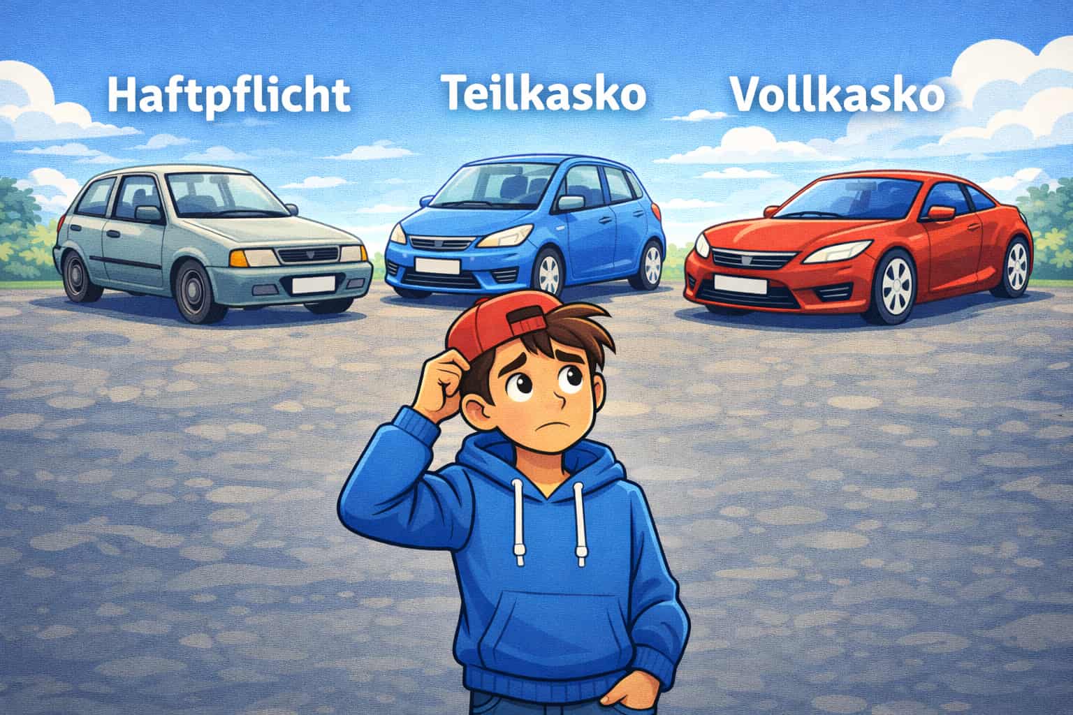 Fahranfänger steht vor drei Autos für Haftpflicht, Teilkasko und Vollkasko und wirkt unsicher bei der Auswahl.