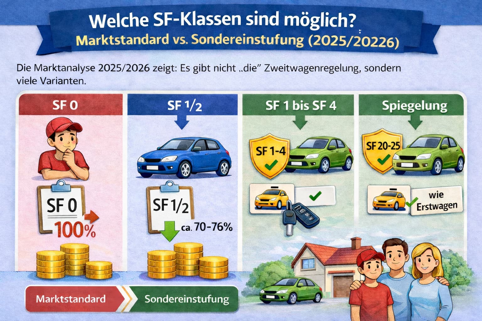 Infografik zur Zweitwagenregelung 2025/2026: Vergleich der möglichen Schadenfreiheitsklassen SF 0, SF 1/2, SF 1–4 und Spiegelung wie Erstwagen in der Autoversicherung für Fahranfänger.