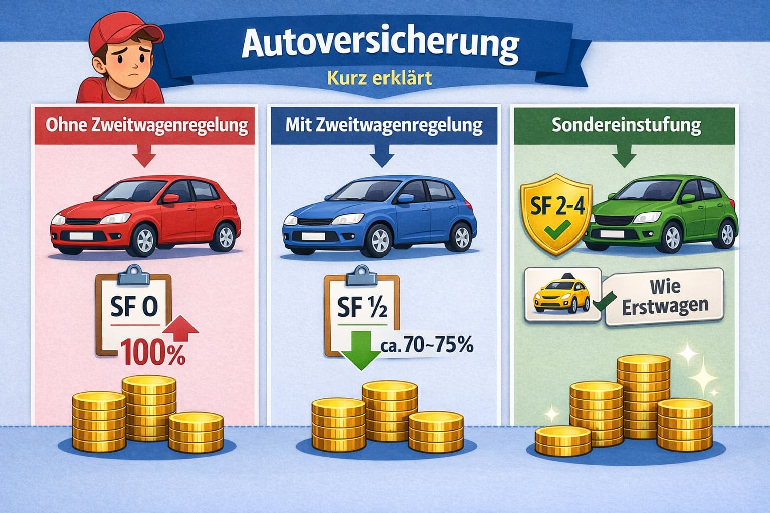 Autoversicherung für Fahranfänger mit Zweitwagenregelung: Infografik zeigt den Unterschied zwischen Einstieg ohne Zweitwagen (SF 0), mit Zweitwagenregelung (SF ½) und Sondereinstufung mit besserer Schadenfreiheitsklasse.