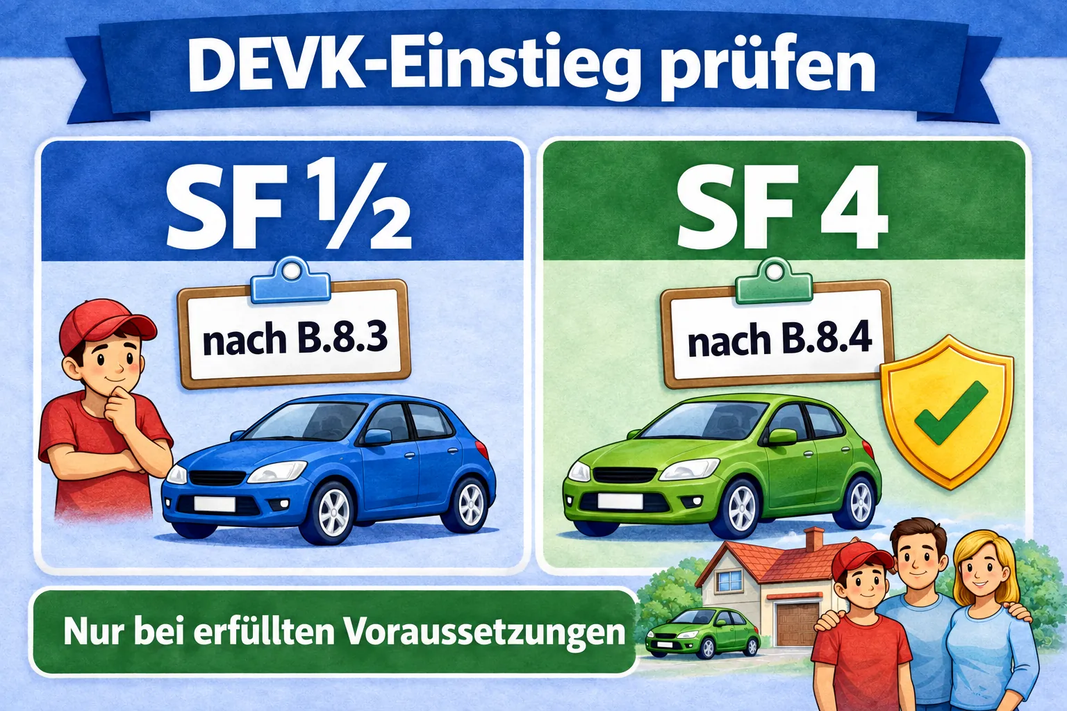 DEVK-Einstieg: SF ½ nach B.8.3 oder SF 4 nach B.8.4, jeweils nur bei erfüllten Voraussetzungen.