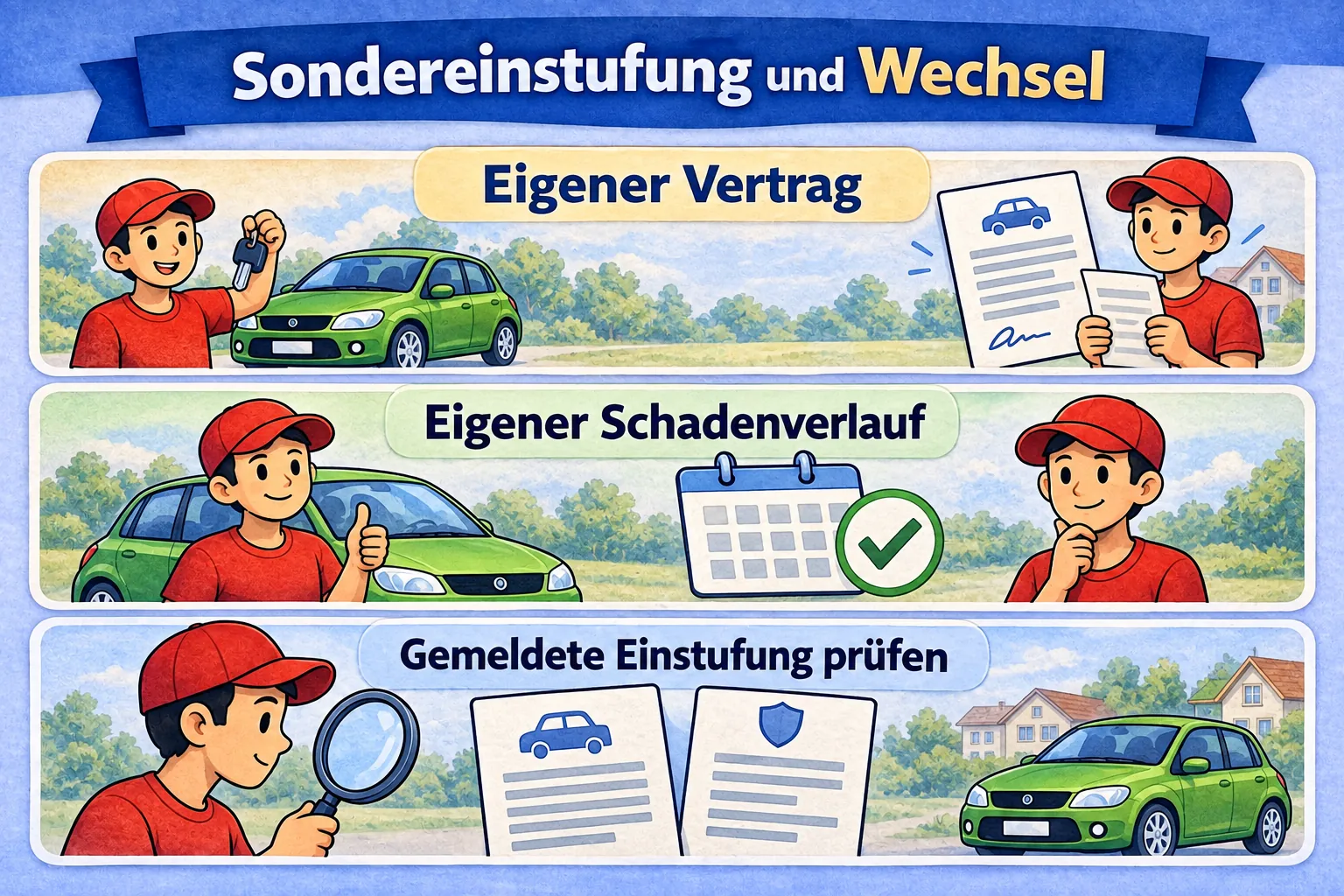 Sondereinstufung und Versichererwechsel: eigener Vertrag, eigener Schadenverlauf und Prüfung der gemeldeten Einstufung.