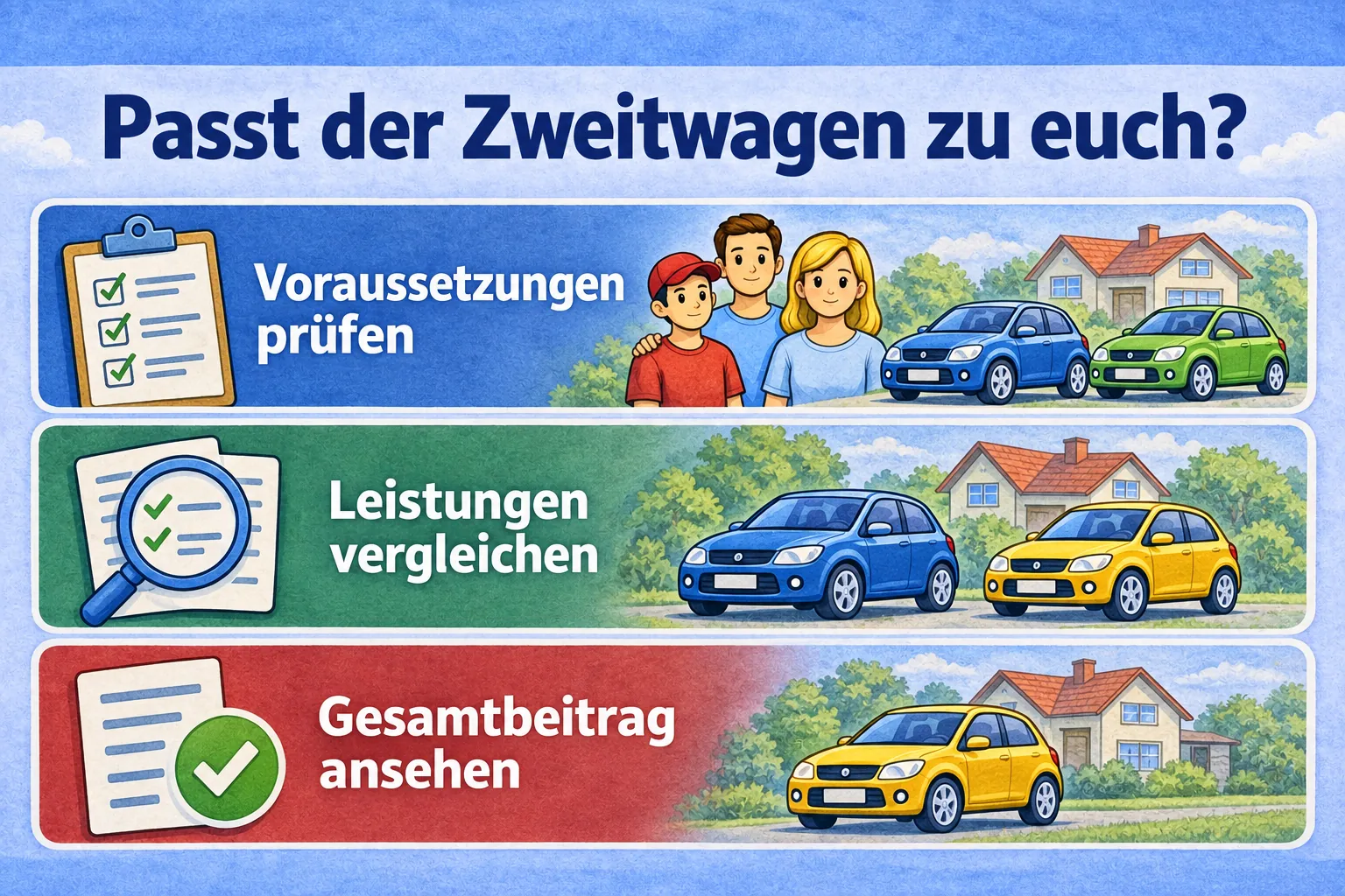 Zweitwagen-Checkliste: Voraussetzungen prüfen, Leistungen vergleichen und den Gesamtbeitrag ansehen.