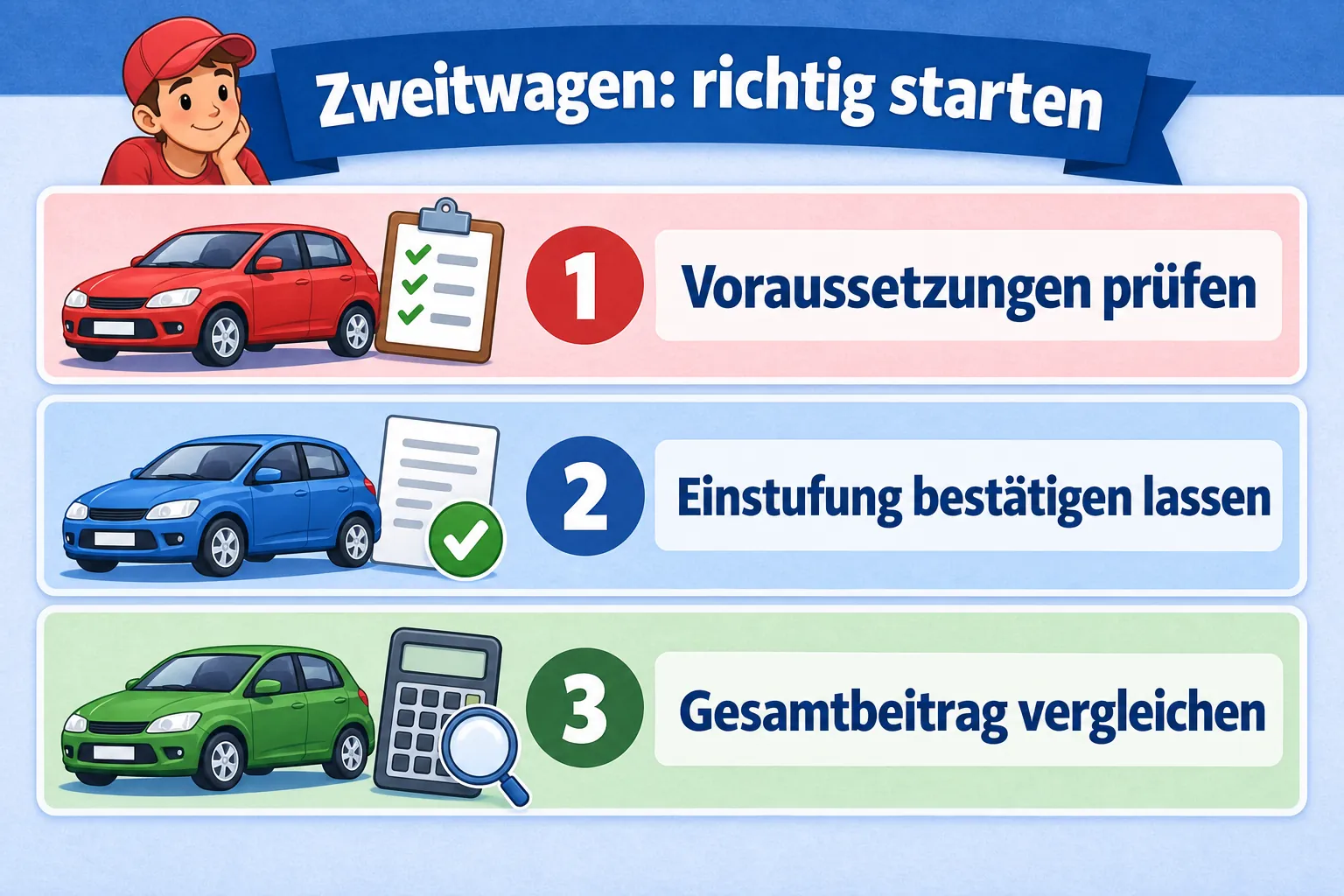Zweitwagen richtig starten: Voraussetzungen prüfen, Einstufung bestätigen lassen und Gesamtbeitrag vergleichen.